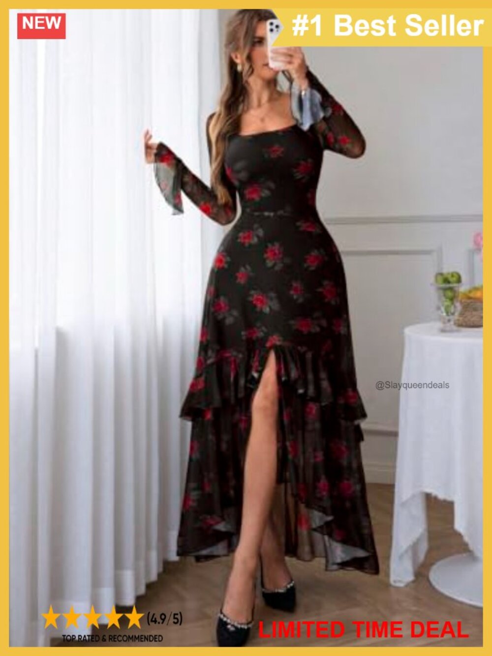 Women's Floral Mesh Square Neck Bell Sleeve High-Low Ruffle Maxi Dress - Picture 3 of 6